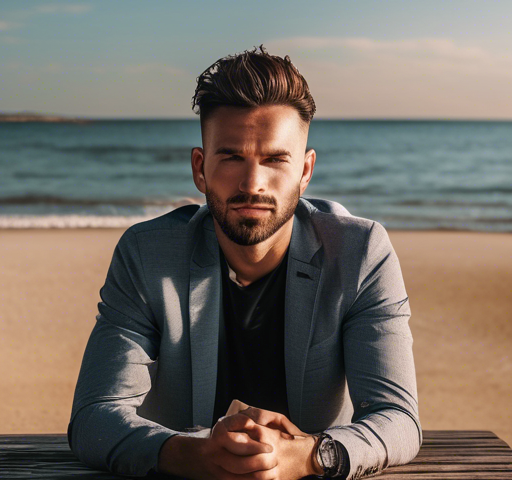 young man on beach in suit